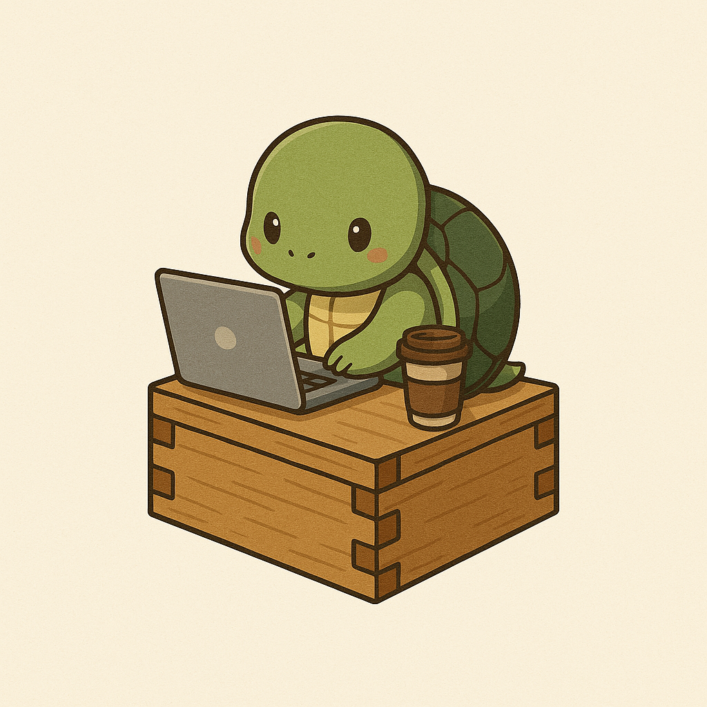 Turtlemasu logo featuring a cute turtle working on a laptop